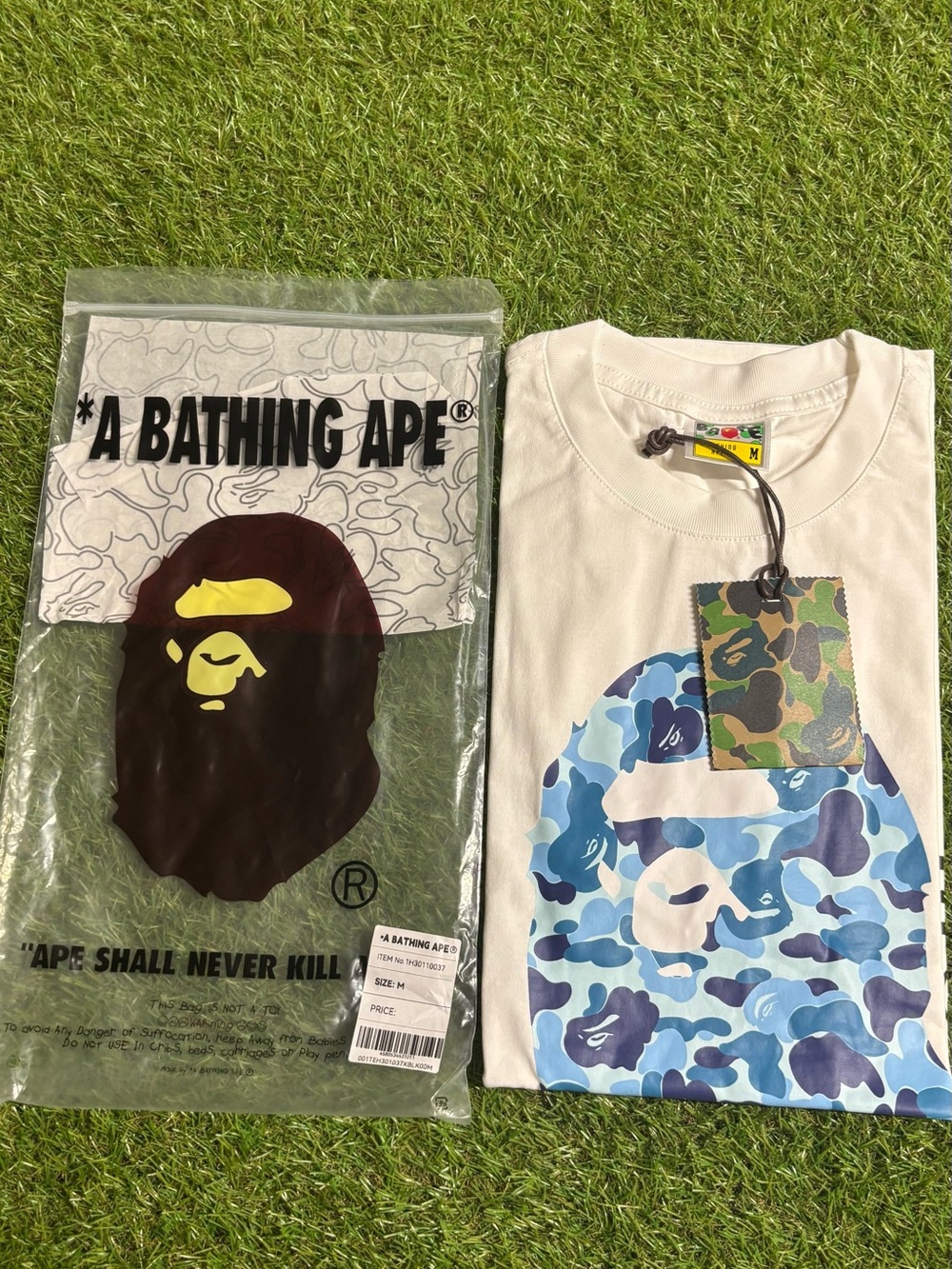 White Bape T‑Shirt with Blue Camo Bape